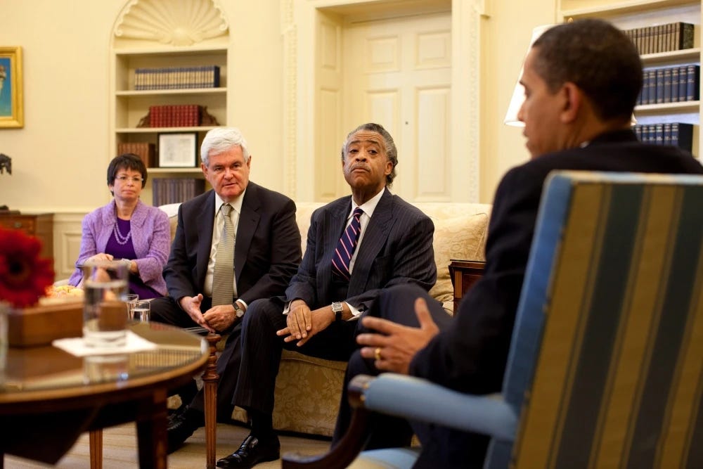 President Obama Meets With Civil Rights Activist Al Sharpton And Former  Speaker Newt Gingrich To Discuss Education Reform May 7 2009. Senior  Political ...