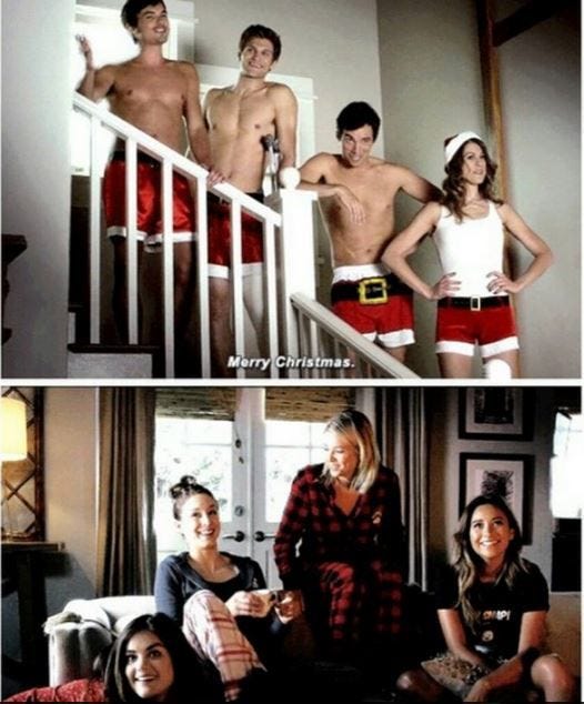 This may contain: two pictures of people in christmas outfits and one is on the stairs with his shirt off