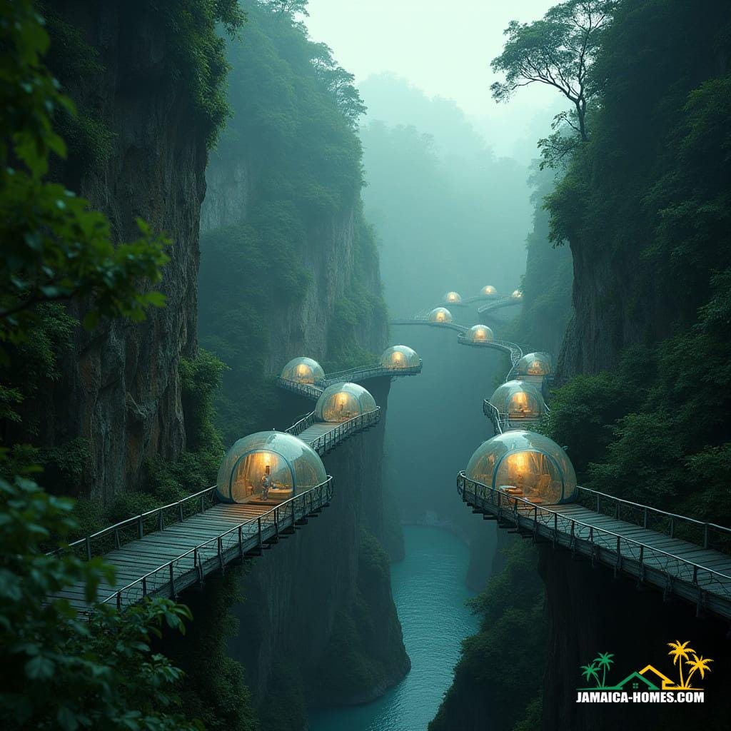 Sky Bridge Villages: Ribbon-like walkways suspended between cliffs, with glass pods that glow softly at night like fireflies above the valleys.