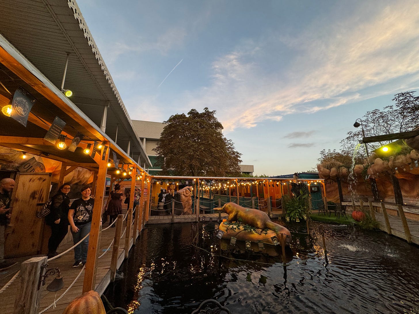 Outdoor boardwalk with lake
