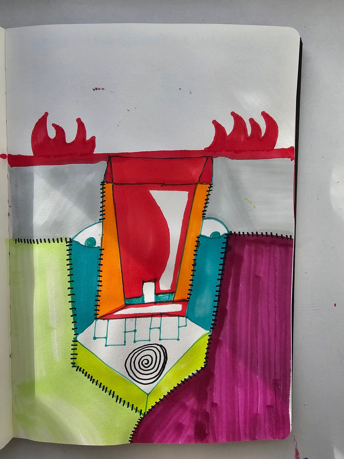 Geometric red claw structure with flame motif and spiral base titled “Openclaw A.I Pandoras Box!”