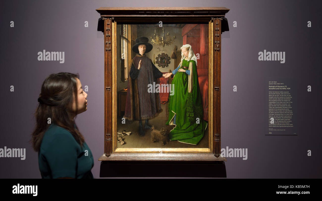 National Gallery, London, UK. 28 Sept, 2017. Acquired by the National  Gallery in 1842, the Arnolfini Portrait informed the Pre-Raphaelites'  belief in empirical observation, their ideas about draughtsmanship, colour  and technique, and