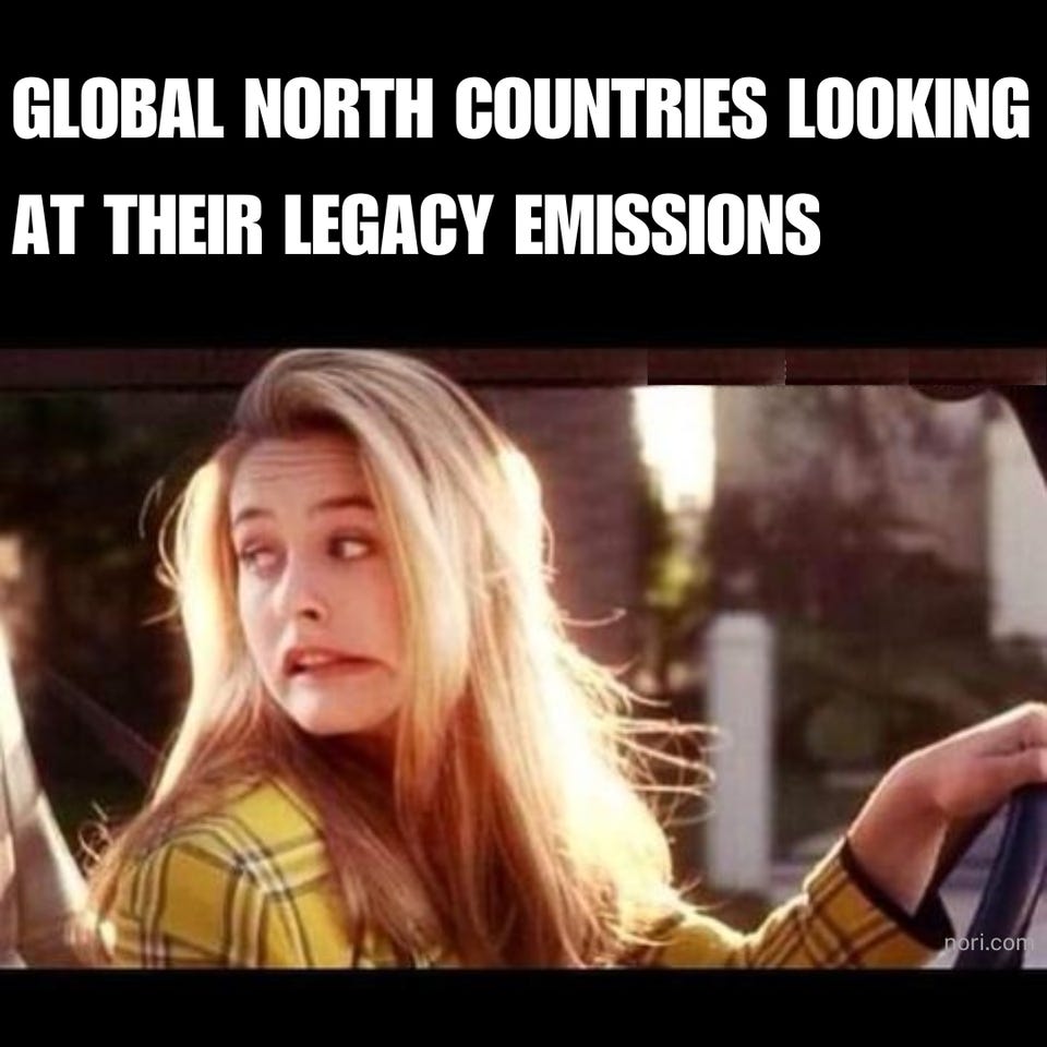 "Global North countries looking at their legacy emissions" above Cher from Clueless looking back over her shoulder while driving, alarmed.