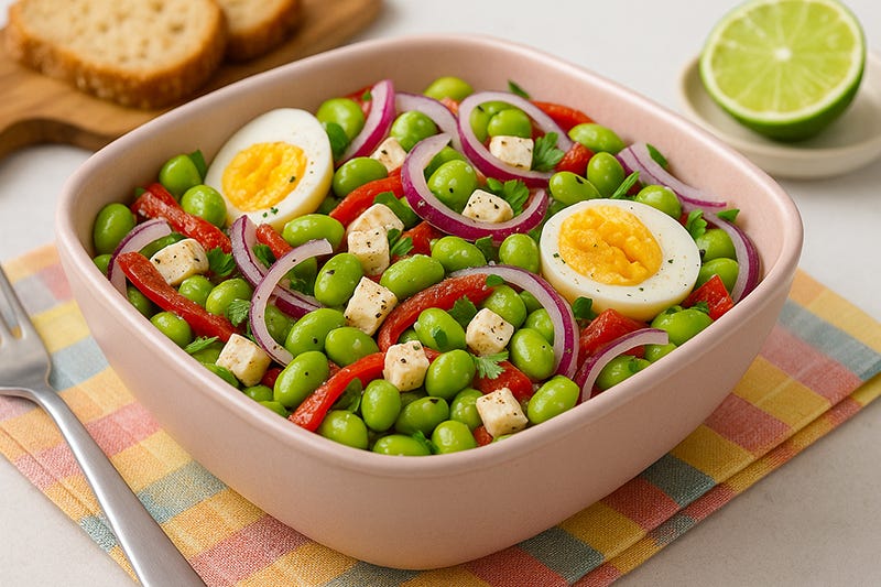 Salată cu edamame, telemea maturată, ouă fierte și ardei copți