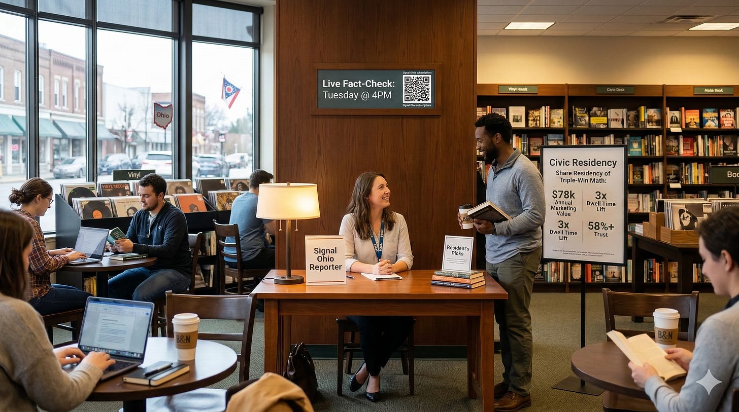 A wide photograph capturing a lively Barnes & Noble cafe. In the foreground, a distinct 'Civic Desk' area shows a female journalist in a warm conversation with a resident. The background is bustling with other patrons reading, working on laptops, and enjoying coffee, surrounded by bookshelves and a 'Signal Ohio Reporter' station. Large windows overlook a classic, slightly overcast Ohio main street.