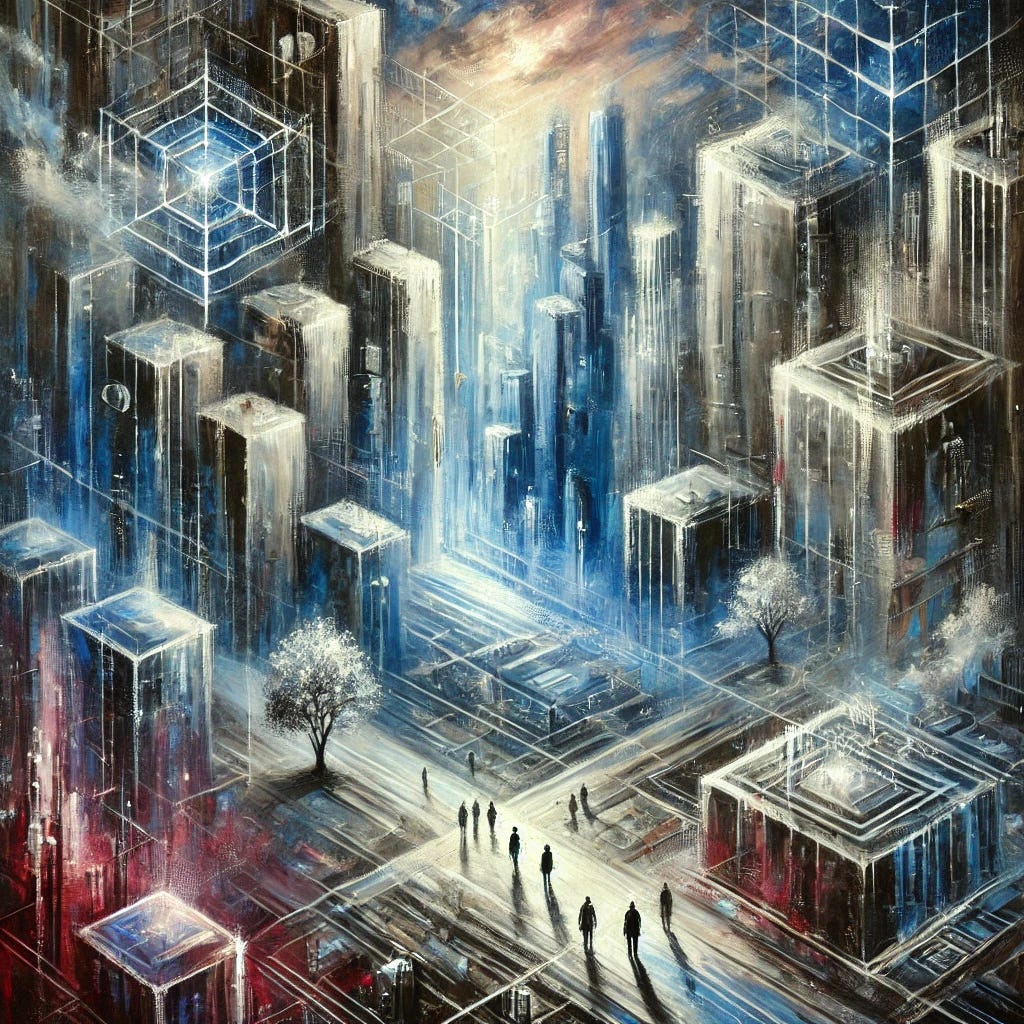 An abstract oil painting with thick brush strokes depicting the concept of global governance and societal transformation. The scene is surreal, showing towering structures of authority looming over fragmented cityscapes, while human figures dissolve into controlled grids of light and shadow. The color palette consists of deep blues, metallic silvers, and dark reds, symbolizing surveillance, economic control, and the struggle for individual autonomy. The brushstrokes are expressive and textured, creating a sense of tension between order and chaos, power and resistance. The composition evokes the themes of systemic restructuring and psychological manipulation. An abstract oil painting with thick brush strokes depicting the concept of global governance and societal transformation. The scene is surreal, showing towering structures of authority looming over fragmented cityscapes, while human figures dissolve into controlled grids of light and shadow. The color palette consists of deep blues, metallic silvers, and dark reds, symbolizing surveillance, economic control, and the struggle for individual autonomy. The brushstrokes are expressive and textured, creating a sense of tension between order and chaos, power and resistance. The composition evokes the themes of systemic restructuring and psychological manipulation.