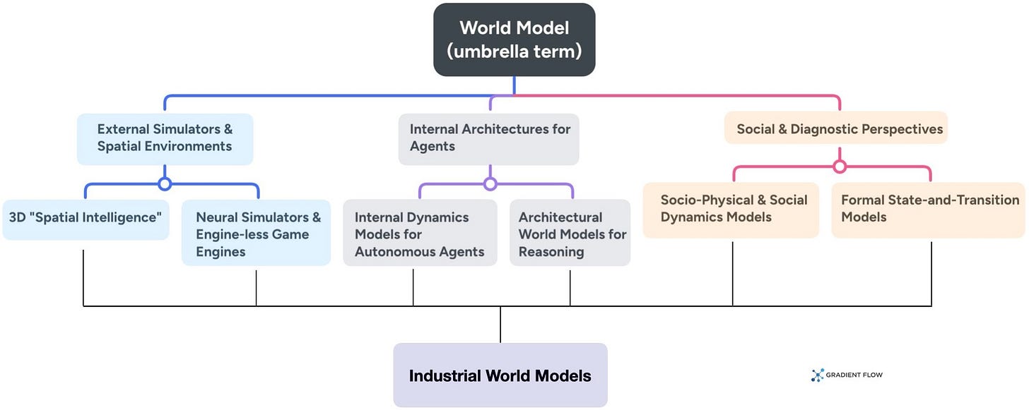 월드 모델의 다양한 범주와 산업적 응용을 보여주는 계층 구조도이다.
