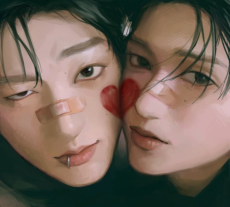 This may contain: two people with their faces painted to look like they are kissing