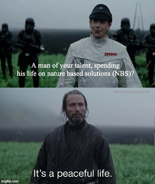 Two stills from Rogue One. Top: Director Krennic in a white uniform, death troopers behind him, says "A man of your talent, spending his life on nature based solutions (NBS)?" Bottom: Galen Erso stands in a field and replies "It's a peaceful life."