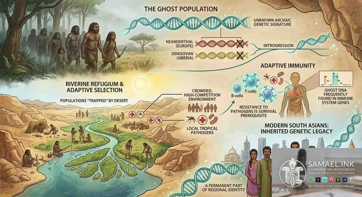 A detailed educational infographic illustrating the "Ghost DNA" theory in South Asian genetics. The top section shows a silhouette of an ancient "Ghost Population" alongside DNA strands, highlighting that their genetic signature is distinct from Neanderthals and Denisovans. The middle-left depicts a lush riverine refugium (Sanskrit: नदी, nadī) surrounded by harsh desert, showing early humans living in a high-competition environment with tropical pathogens. The middle-right features a medical diagram of the human immune system, showing how these archaic genes provided adaptive immunity. The bottom shows a diverse group of modern South Asians in traditional and contemporary clothing, with a DNA helix connecting them to their ancestral past.