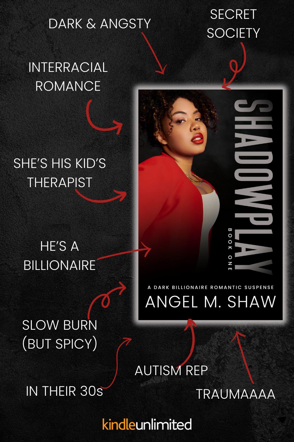 Trope map with an image of Shadowplay cover. Tropes include: Dark and angsty, interracial romance, she's his kid's therapist, he's a billionaire, trauma, autism rep, it's a slow burn but spicy Trope map with an image of Shadowplay cover. Tropes include: Dark and angsty, interracial romance, she's his kid's therapist, he's a billionaire, trauma, autism rep, it's a slow burn but spicy