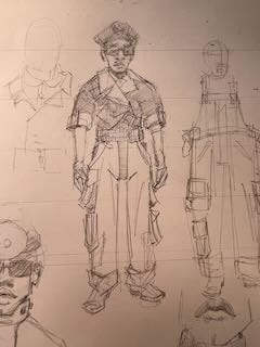 View of Character with glasses and a hat in pilot's outfit. Head On View.