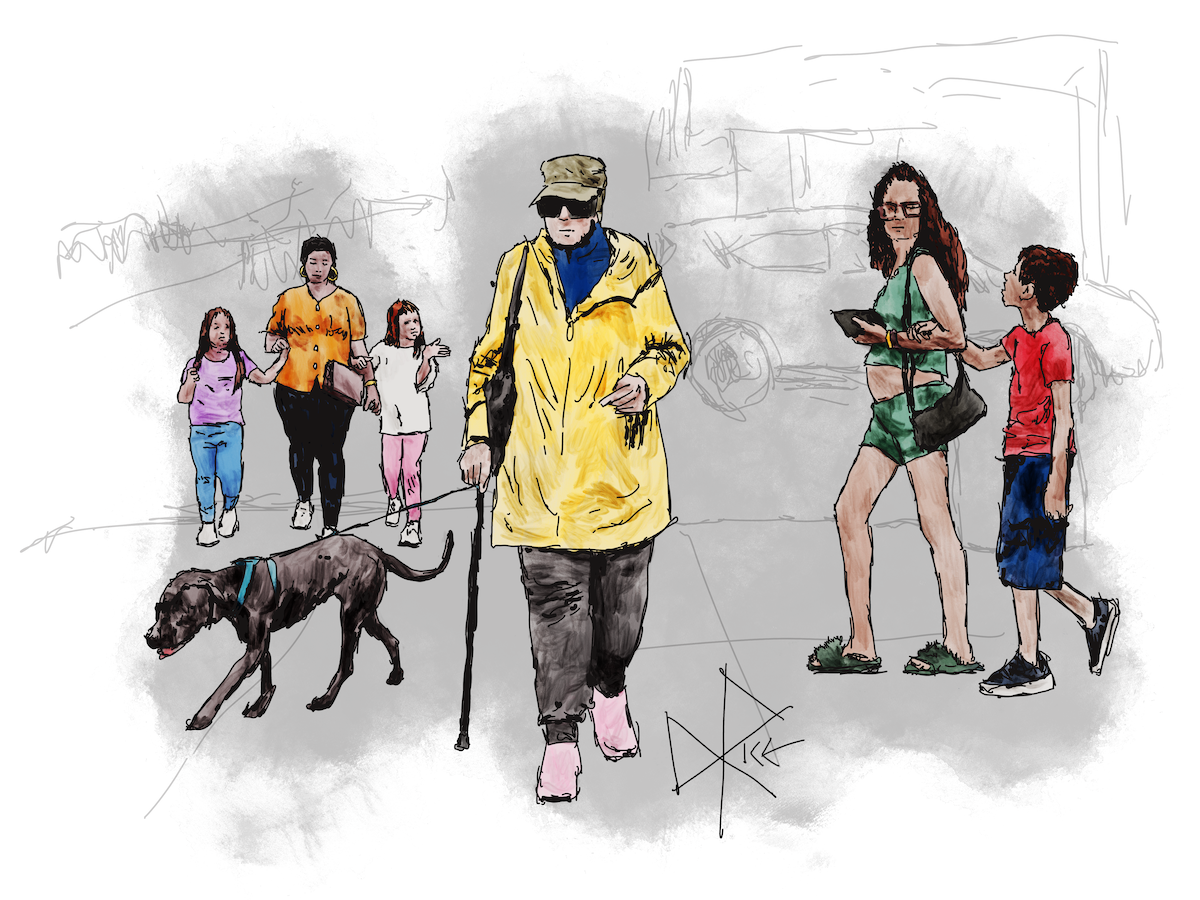 Sharing a sidewalk as they move forward in their lives, humans of varying vintage enjoy a warm day along with other domestic animals. Sketch art by Don Rice.