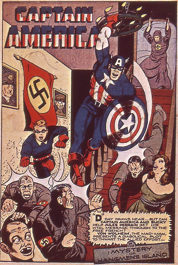 This may contain: an old comic book cover with captain america flying over the top of his head and surrounded by other people