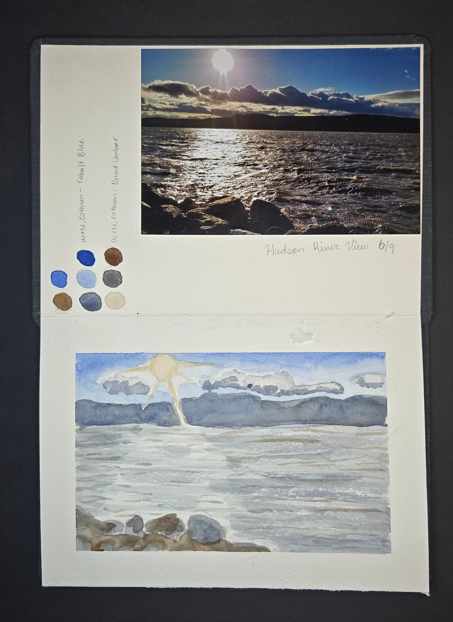 Hudson River watercolor study in cobalt blue and burnt umber, with rocky shoreline and dramatic sunset reflection on the water.
