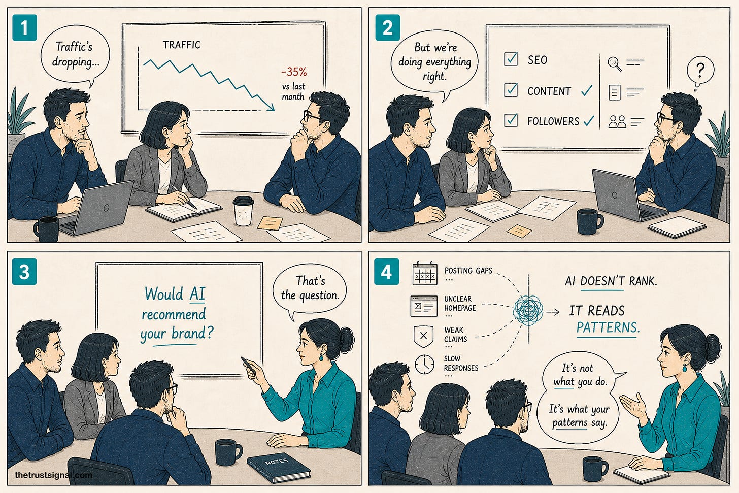 Traffic's dropping. AI reads patterns, not checklists. Traffic's dropping. AI reads patterns, not checklists.