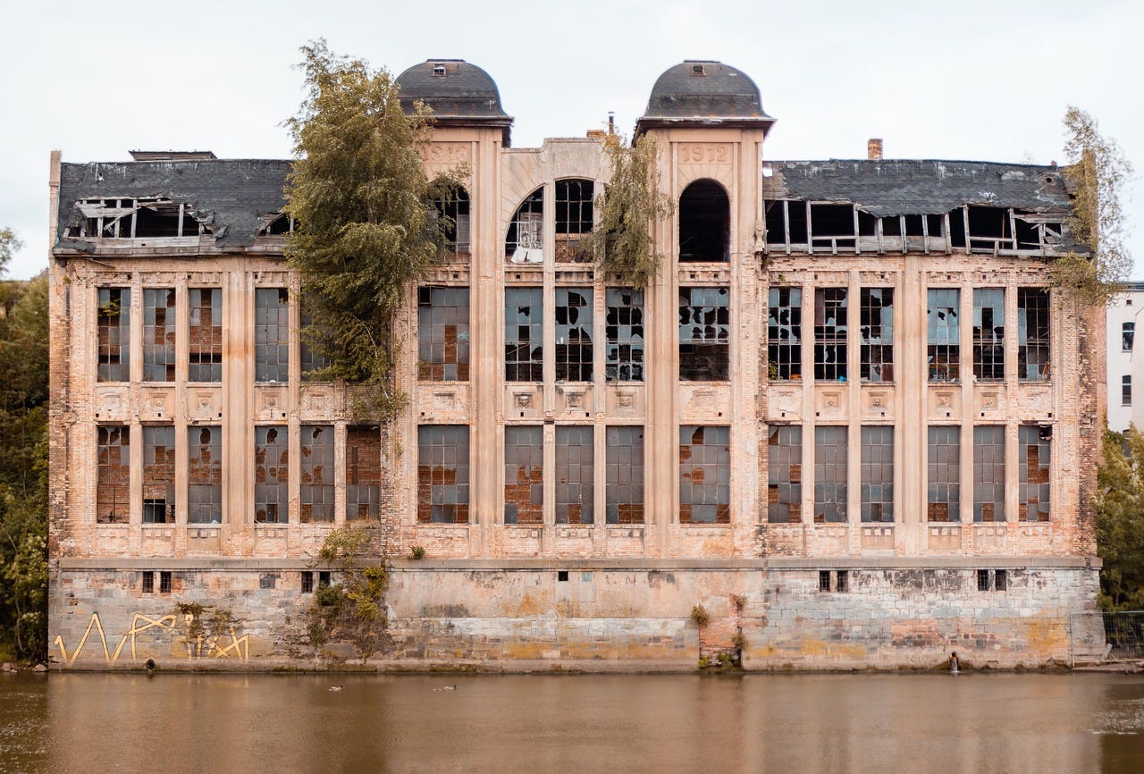 A large ruinous building