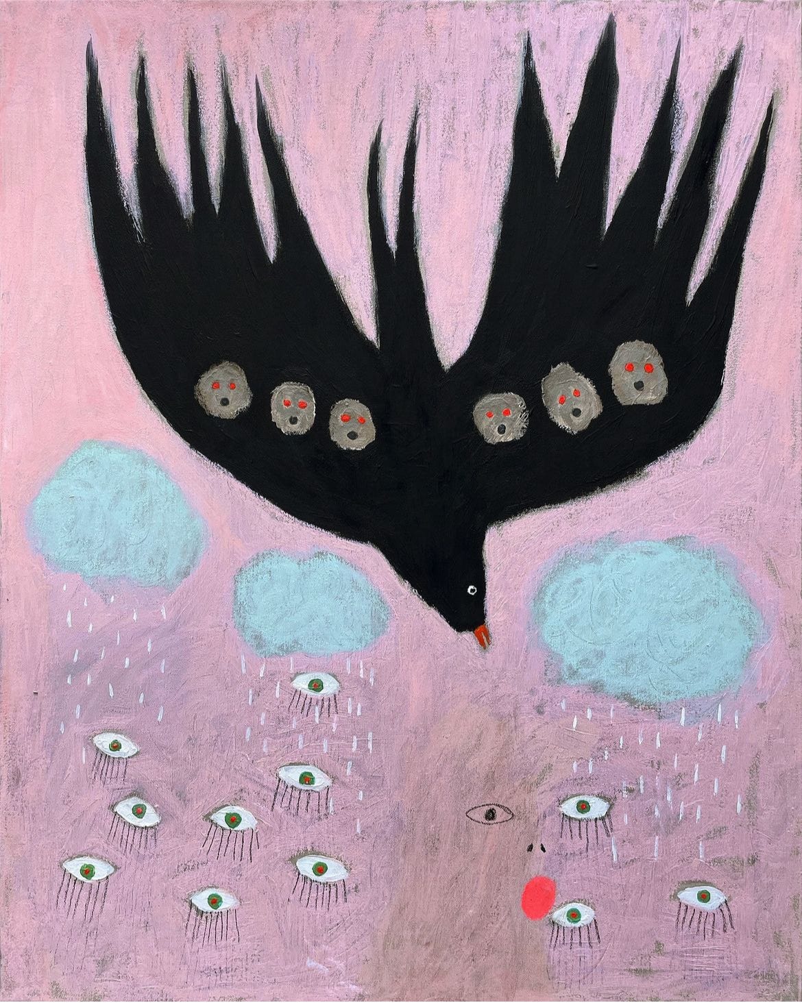 The art piece "Hunting Songs" by Michael McGrath features a black bird falling with little faces inside it. There is a pink background and blue clouds. At the bottom are eyes and a face.