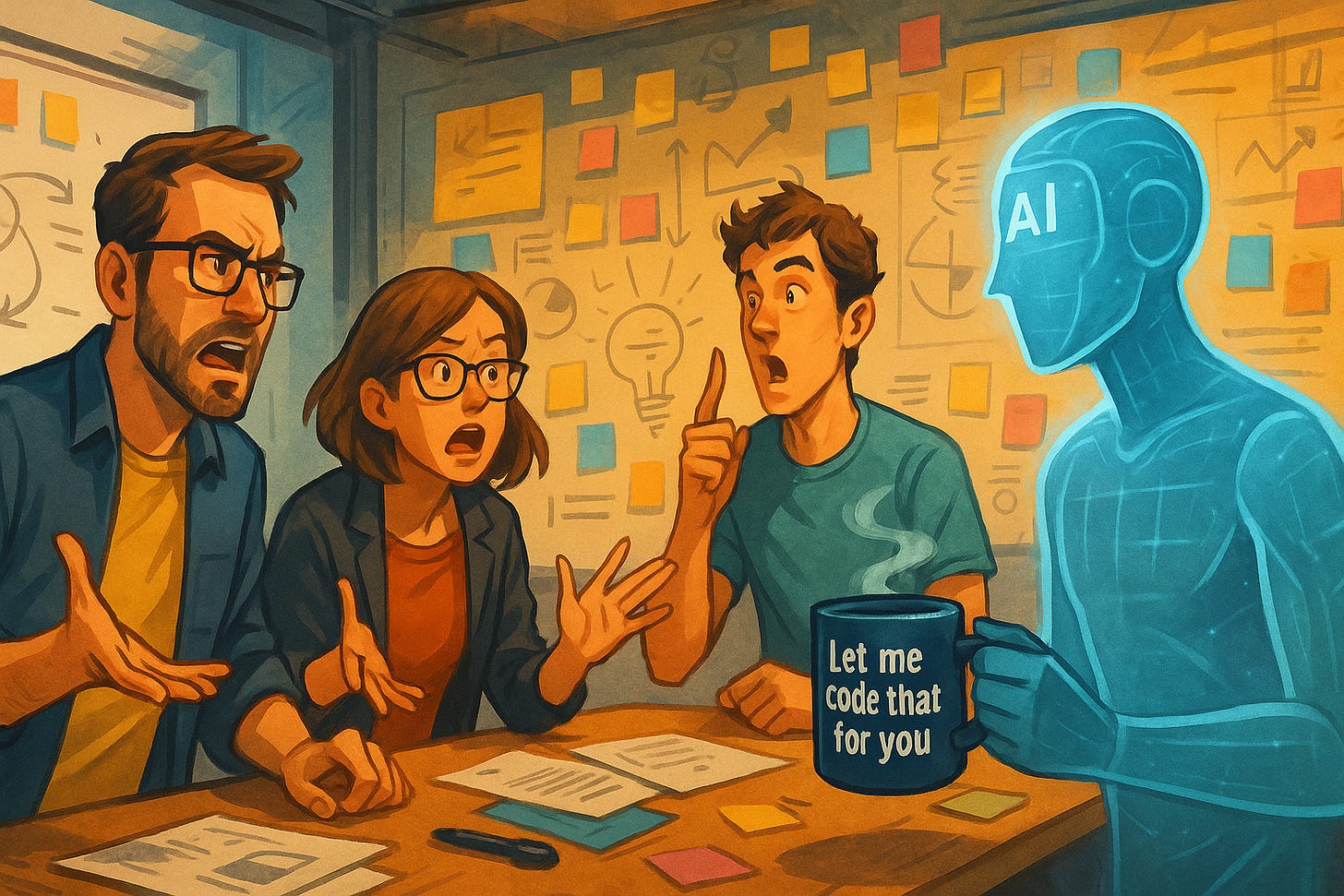 three people arguing with an AI holding a cup of coffee that reads, "let me code that for you".