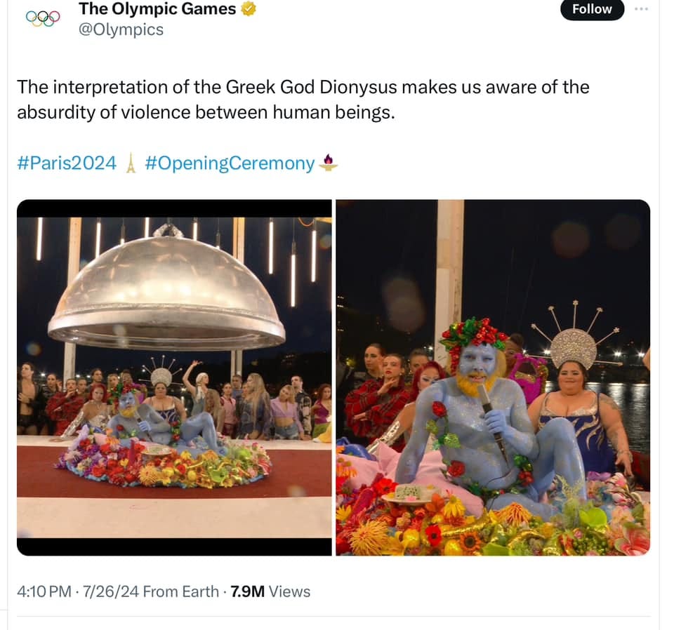 May be an image of 9 people, temple and text that says 'The Olympic Games @Olympics Follow .. The interpretation of the Greek God Dionysus makes us aware of the absurdityo of violence between human beings. #Pari #Paris2024 #OpeningCeremony 4:10PM- PM 7/26/24 From Earth 7.9M Views 4:10'