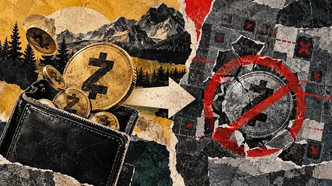 Zcash coins travel from an old wallet toward a barrier marked with a red X, illustrating the proposed shutdown of Sprout transfers.