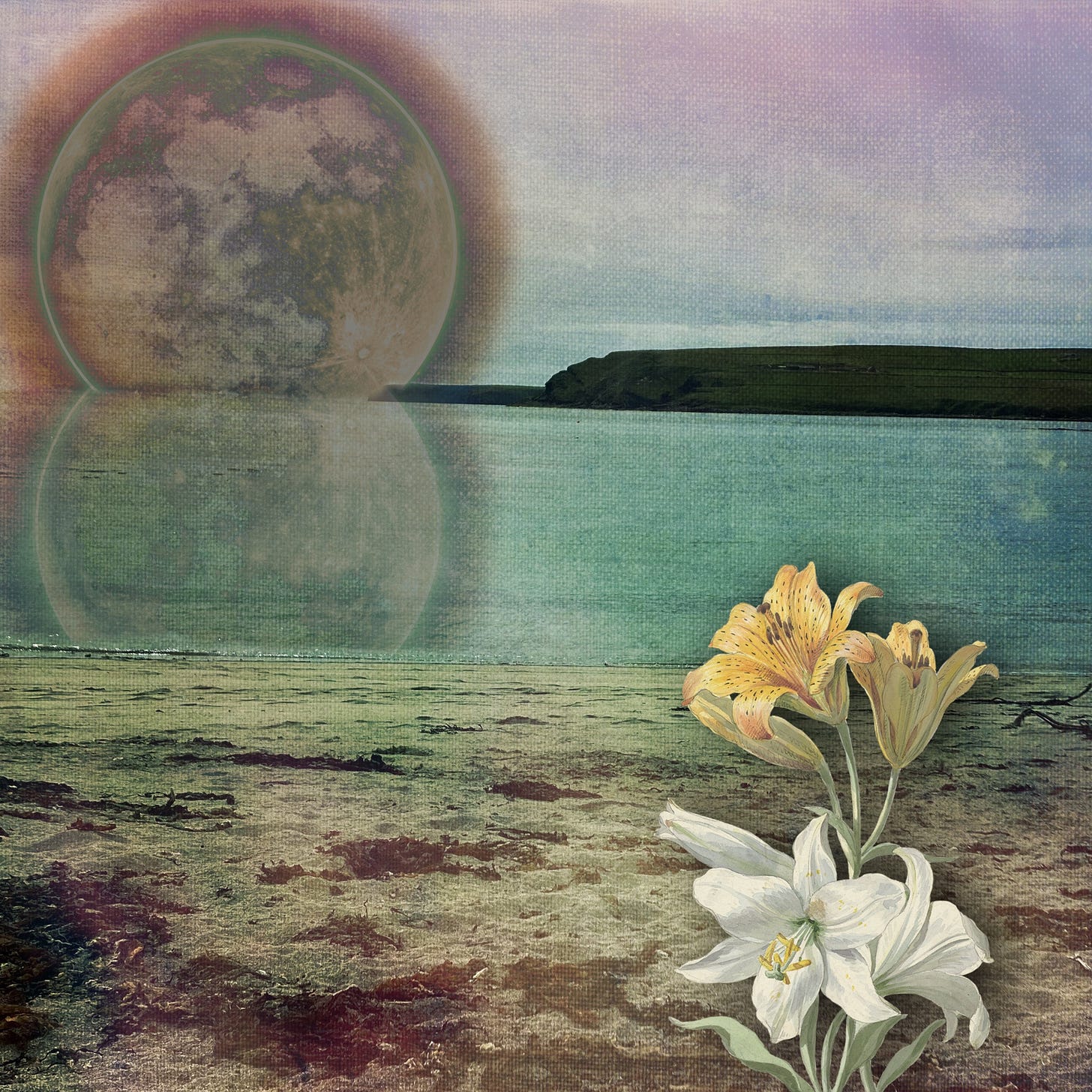 A painting-like digital collage of a sandy beach with a black moon reflected in the water. An illustration of white and yellow lilies in an antique style is in the foreground. 