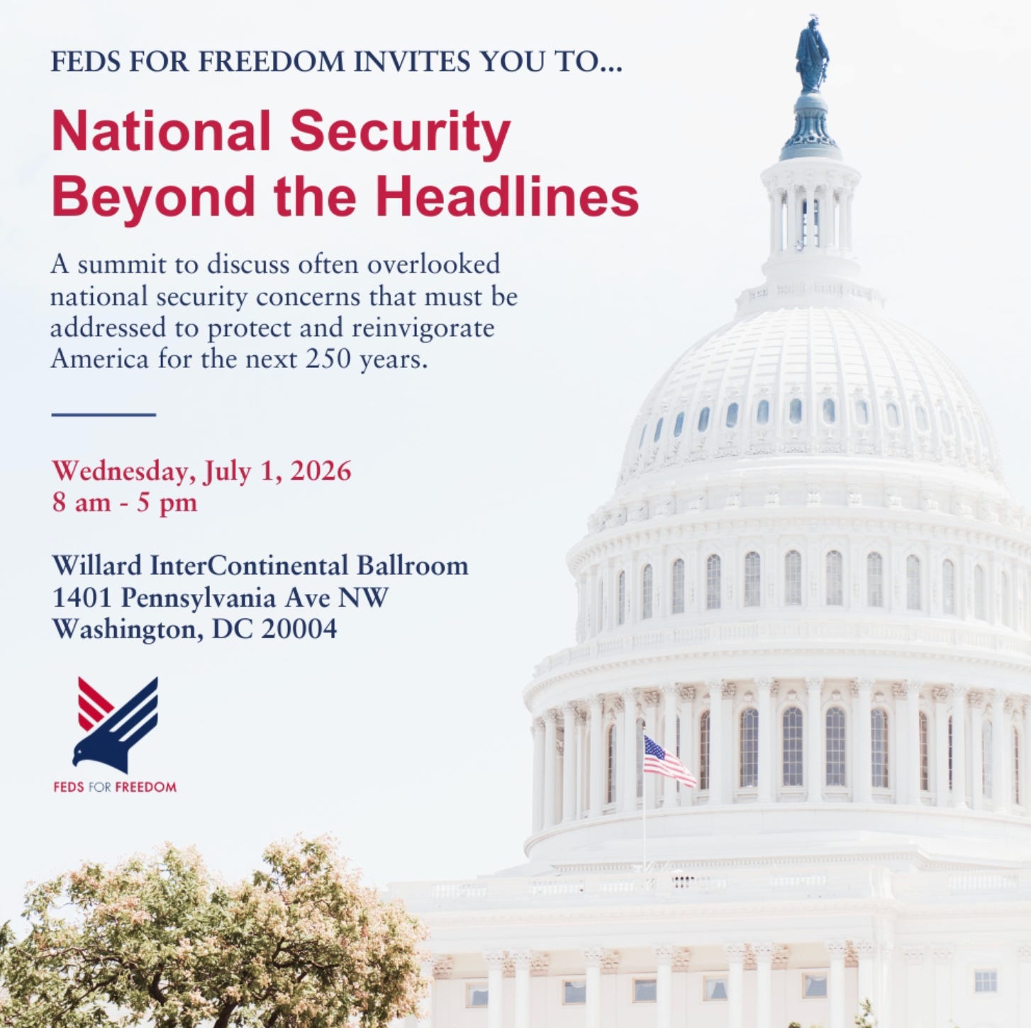 Feds for Freedom flyer for "National Security Beyond the Headlines" summit, July 1 2026, at the Willard in Washington DC.