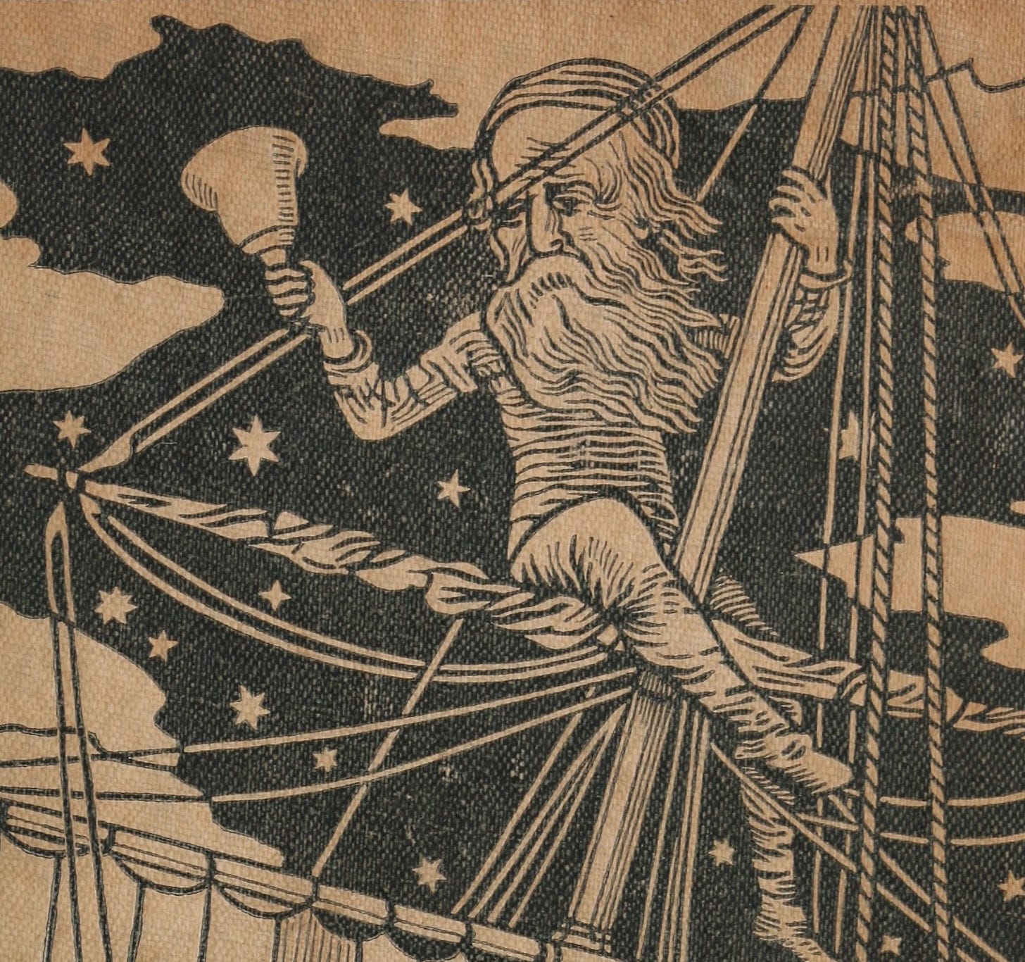 Victorian book-cover illustration of the Bellman ringing a bell from a ship’s rigging under a starry sky.
