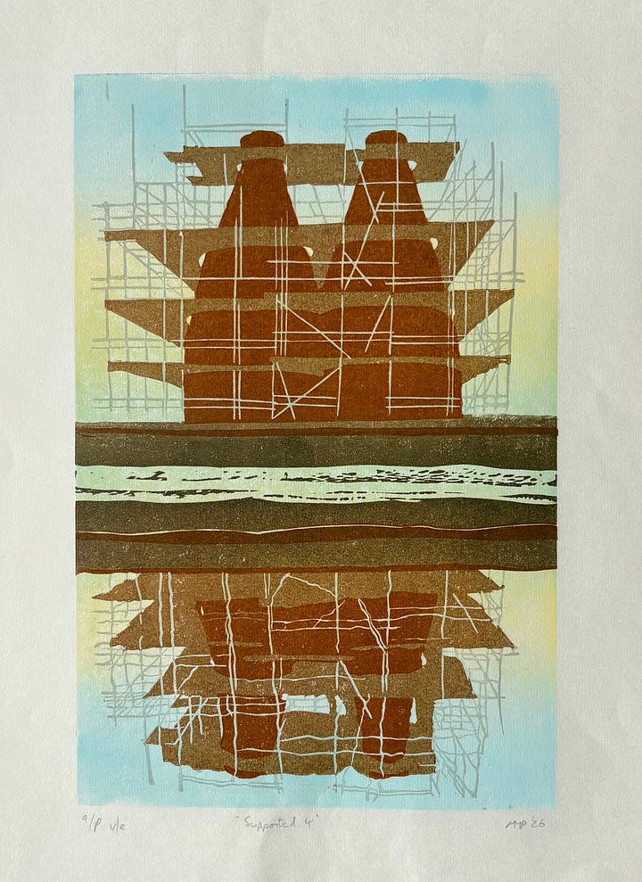 The four different versions of the completed set: 1. Light grey scaffolding, mid grey platforms and almost black kilns; 2yellow scaffolding, red platforms and jade kilns; 3. yellow scaffolding, red platforms and purply black kilns; 4. soft dawn light background, light grey scaffolding, light brown platforms with a darker brown wall, and a chocolatey brown shade for the kilns.