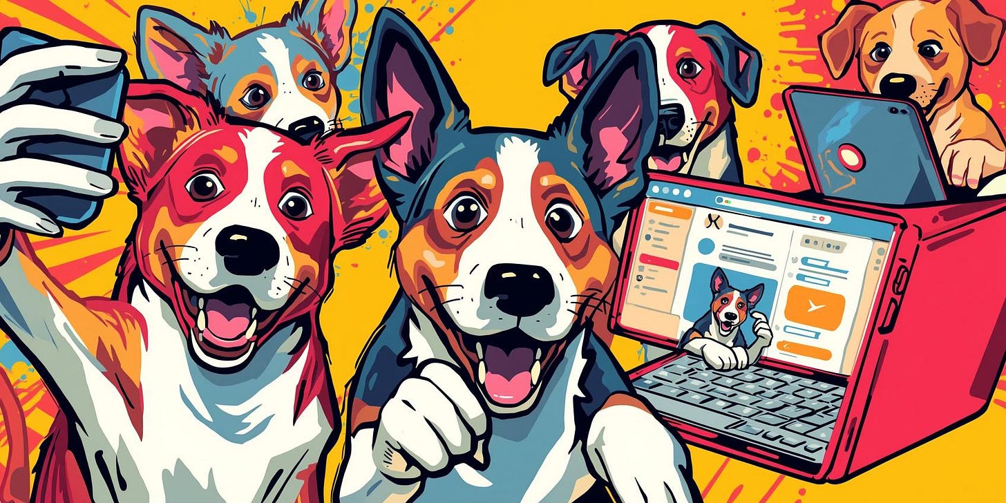 Colorful cartoon illustration of energetic dogs playfully interacting with various social media devices, including taking selfies and browsing on a laptop, set against a lively yellow background.