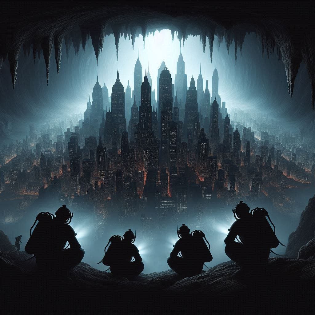 can you make a massive dark silhouette of a city that's underground in a cave. can you make it so that all the lights are off? and can you make four cave divers looking at it from afar. can it be in the realistic art style for maximum horror. can you make a massive dark silhouette of a city that's underground in a cave. can you make it so that all the lights are off? and can you make four cave divers looking at it from afar. can it be in the realistic art style for maximum horror.