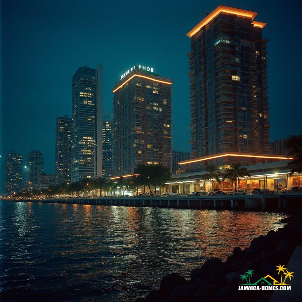 Glowing Kingston waterfront at night, futuristic condos with neon edges, illuminated skybridges, cars parked below, reflections on Caribbean Sea, Jamaican flags, murals, and reggae posters, cinematic lighting, shot on 35mm film with v-raptor XL, film grain, vignette, color graded, post-processed, inspired by the dramatic styles of Denis Villeneuve, Roger Deakins, and Emmanuel Lubezki.