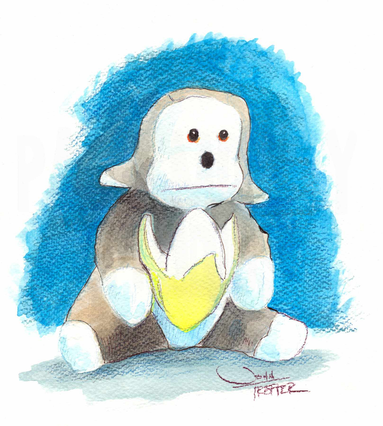 Watercolor and ink sketch of Mr. H, Jane Goodall's plush monkey. Watercolor and ink sketch of Mr. H, Jane Goodall's plush monkey.