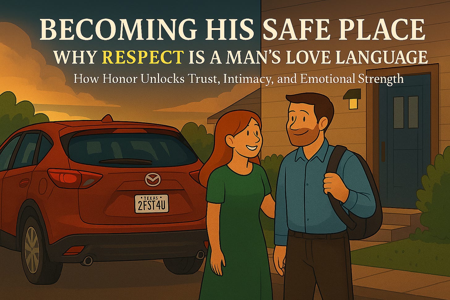 Becoming His Safe Place: A woman in a dress lovingly ushers her husband inside after work.