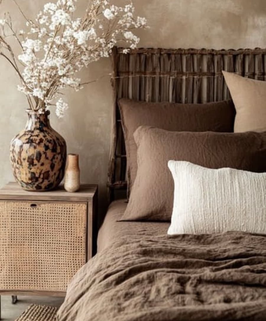 layered soft furnishings in tones of brown
