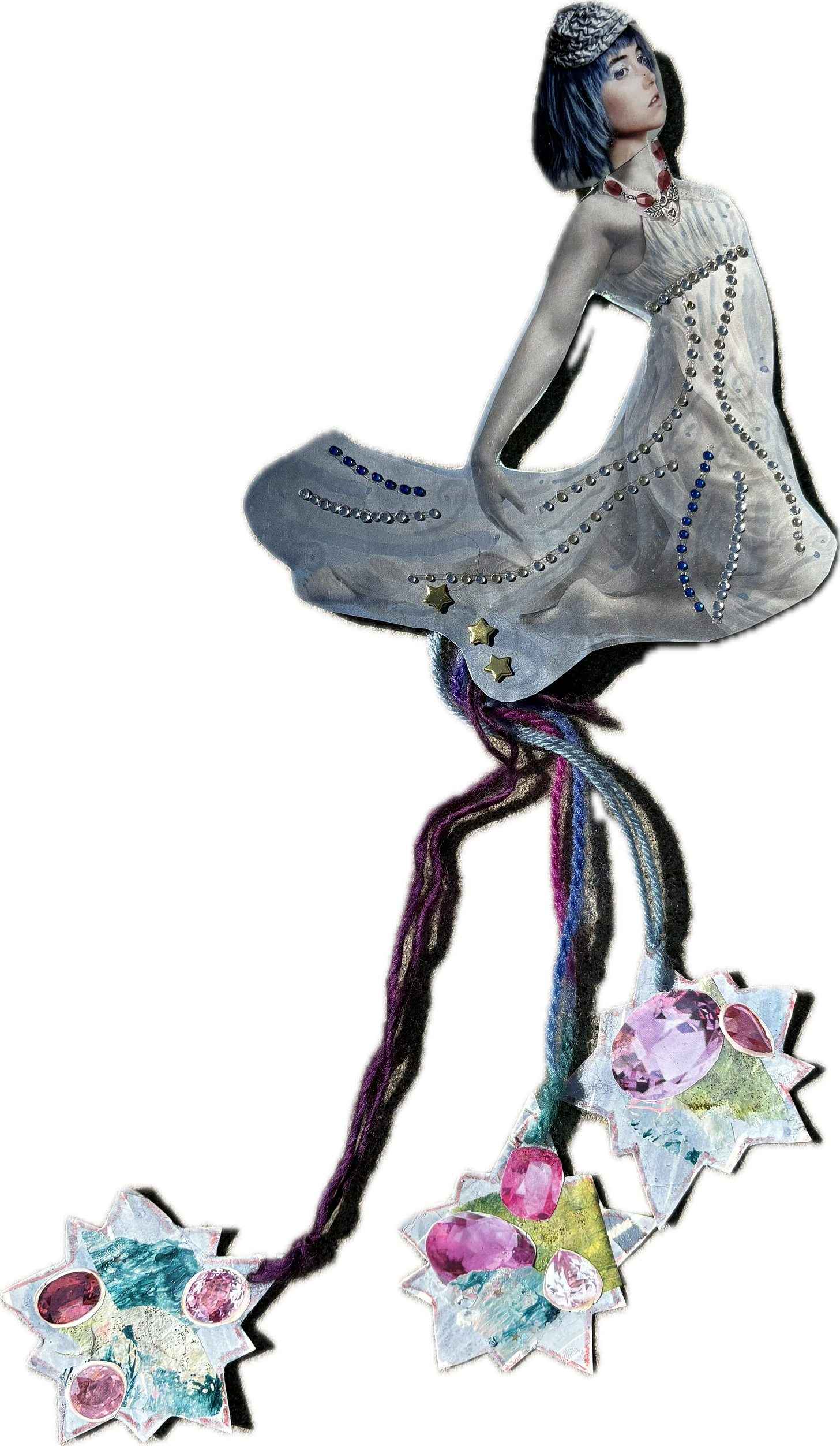 A collaged image of a woman who looks as if she is floating in water. There are small gems on her dress and three collaged stars hanging from the hem of the dress by purple yarn