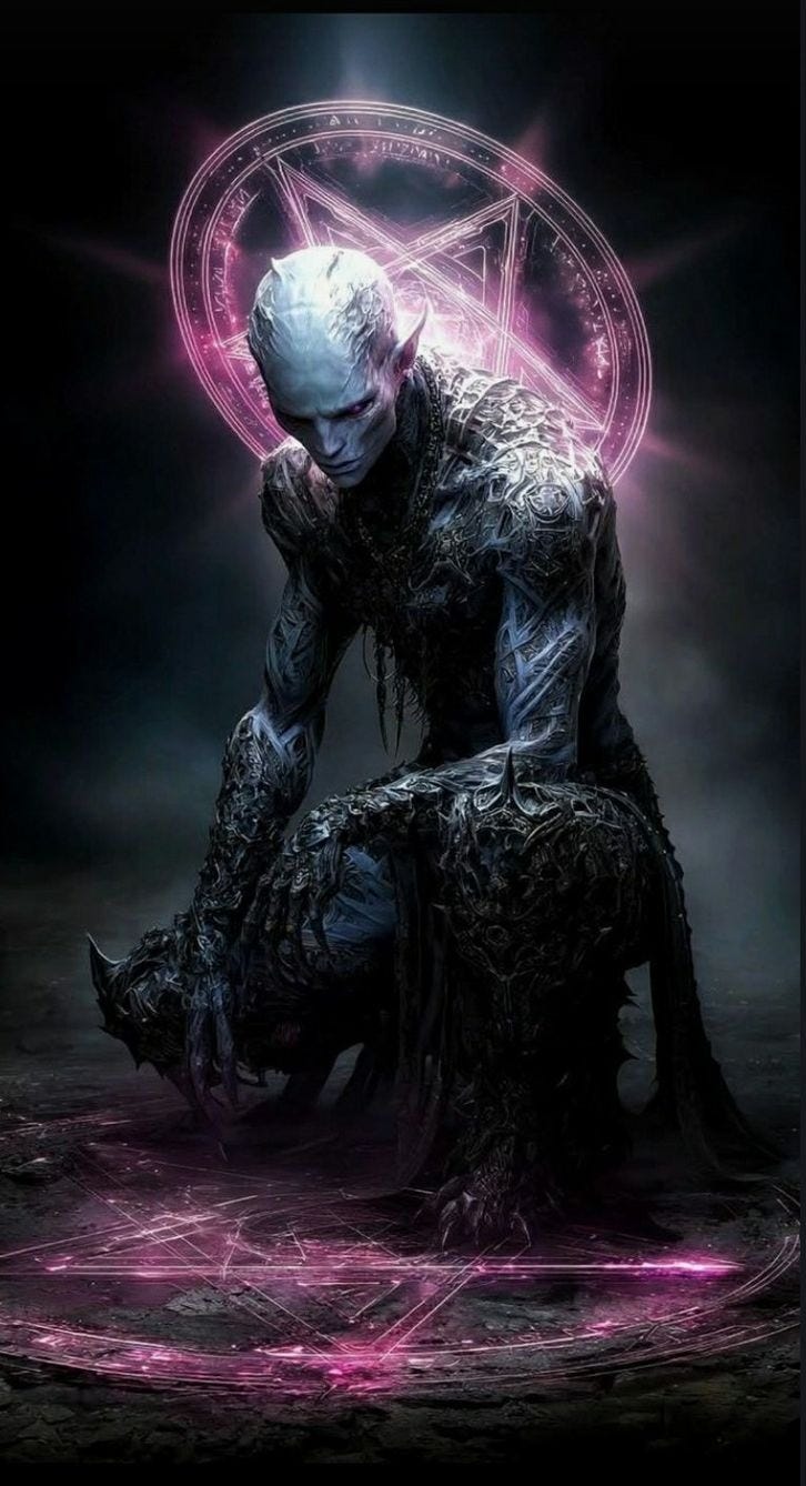 This may contain: a man sitting on top of a tree stump in front of a purple light with a pen