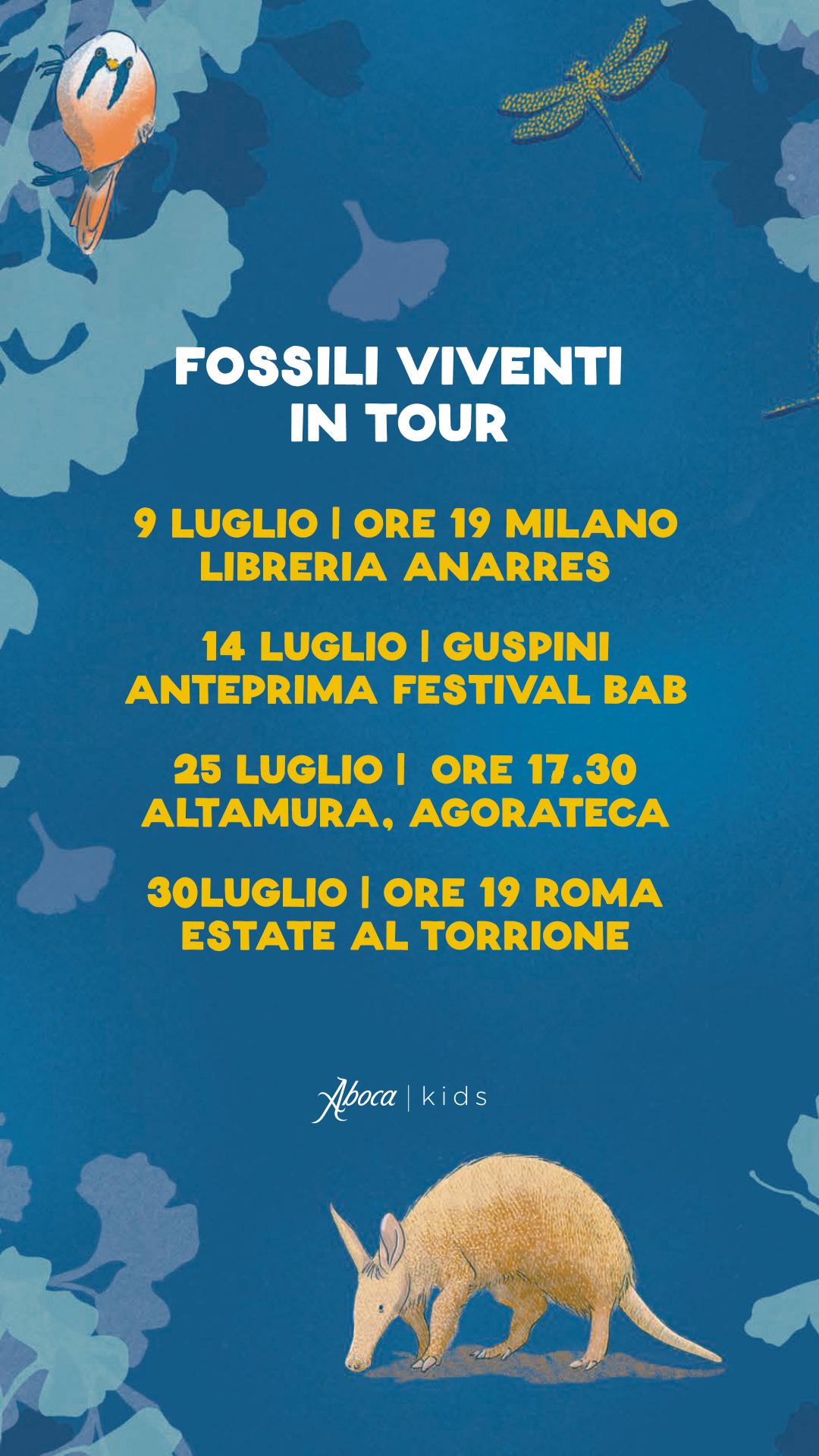grafica con le date del tour del libro fossili viventi elencatae nel paragrafo precedente della mail ispirata alla copertina del libro