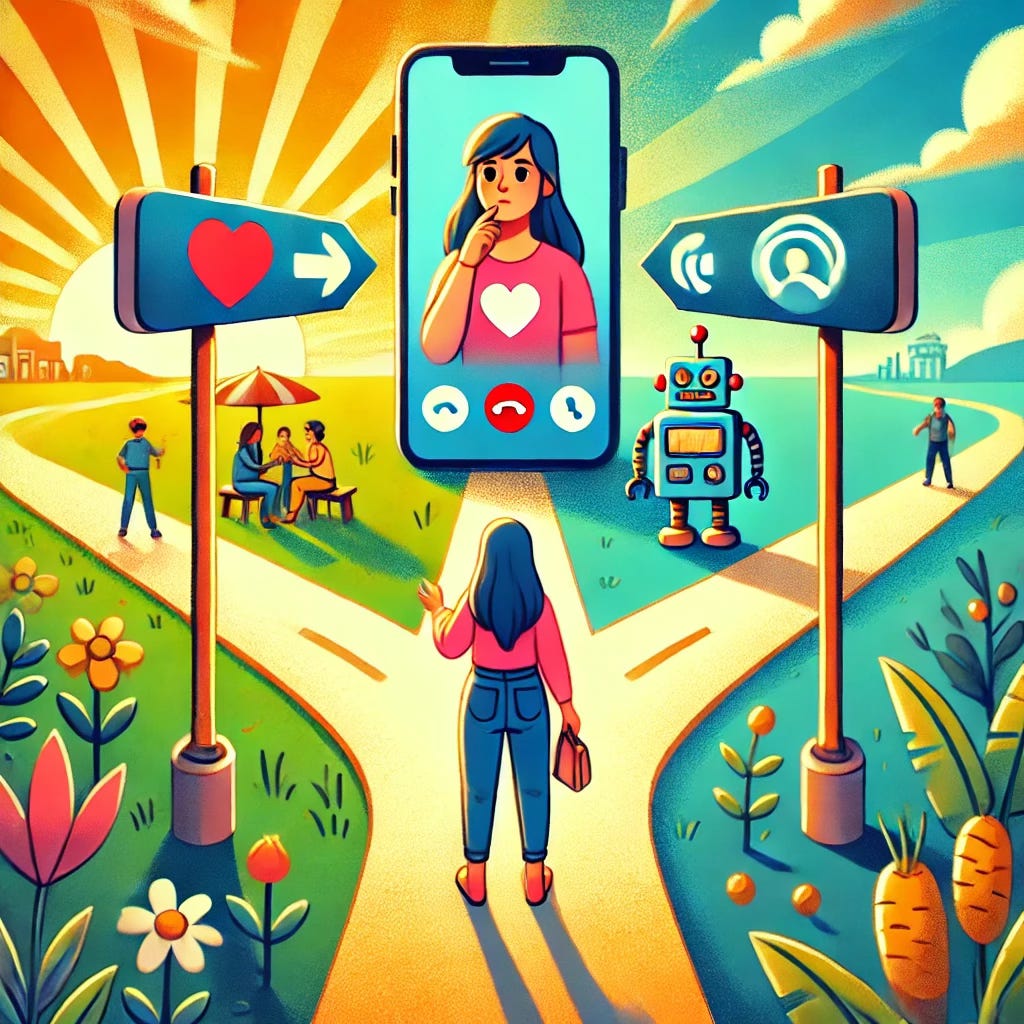 A colorful cartoon illustration of a woman standing at a three-way fork in a bright outdoor path. She faces away from the viewer, looking at three diverging paths. The left path, marked with a red heart sign, leads to a warm scene of people hugging and chatting. The middle path, with a video call icon, leads to a large smartphone showing a smiling person on a Facetime-like video call. The right path, marked with a robot icon, leads to a friendly, waving robot standing alone. The overall scene is vibrant and whimsical, with green grass, trees, and a cheerful atmosphere.