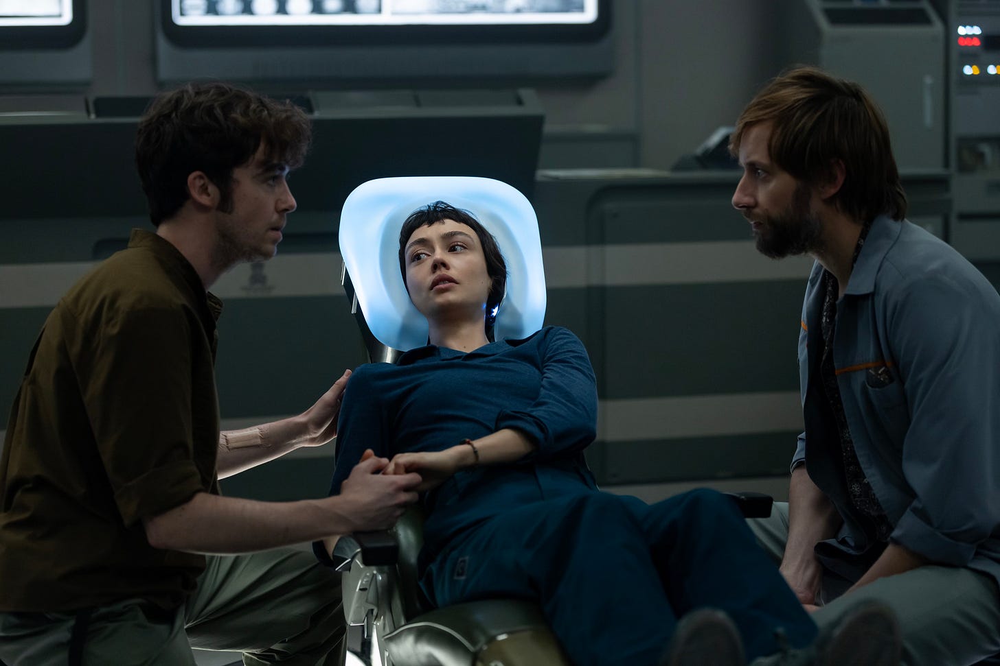 (L-R) Alex Lawther as Hermit, Sydney Chandler as Wendy, and David Rysdahl as Arthur in Alien: Earth Season 1, Episode 4, “Observation.” (L-R) Alex Lawther as Hermit, Sydney Chandler as Wendy, and David Rysdahl as Arthur in Alien: Earth Season 1, Episode 4, “Observation.”