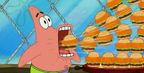 Patrick from cartoon SpongeBob vacuum-eating Krabby Patties
