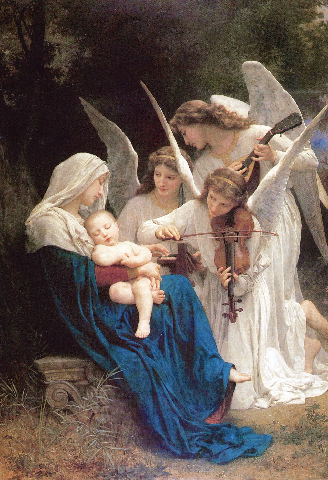 Three winged angels play instruments beside the sleeping Virgin and infant Christ Three winged angels play instruments beside the sleeping Virgin and infant Christ