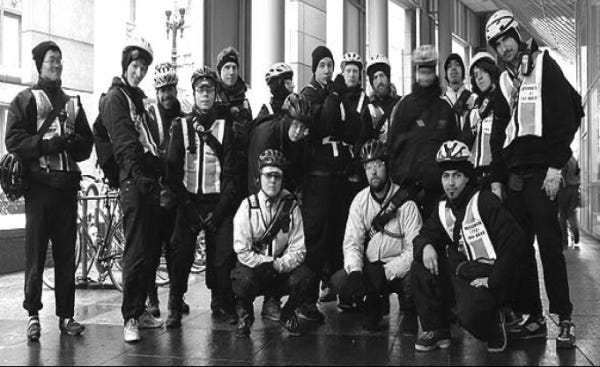 Arrow messengers during a work stoppage in 2005. (Source: Industrial Worker)