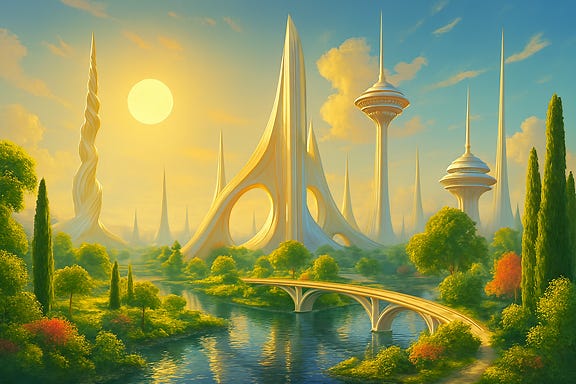 Revise the utopia image to replace trees on the right side of the bridge with water and make the space needles rotatable