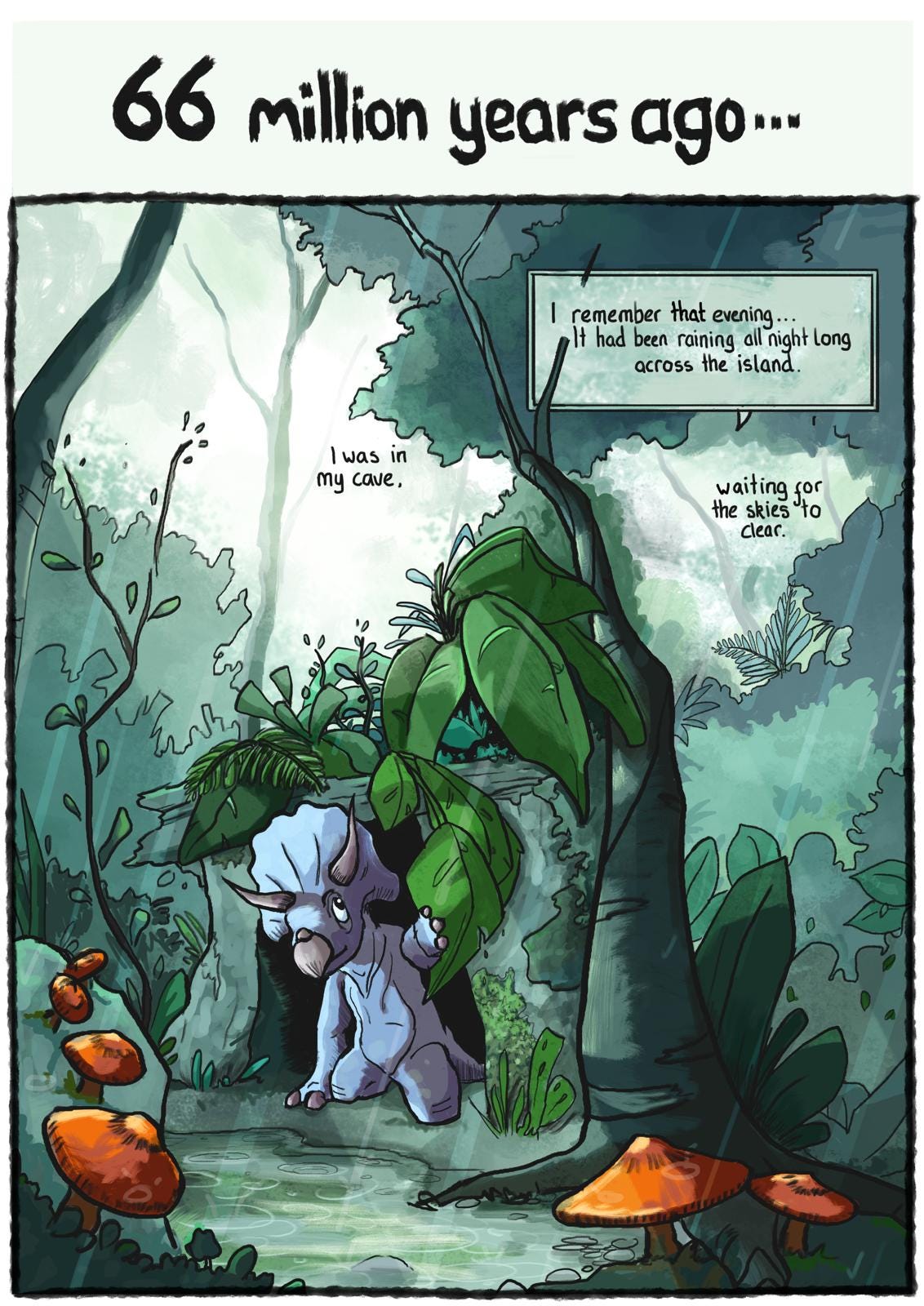 A digital illustration of a blue Triceratops looking out from a cave into a rainy jungle A digital illustration of a blue Triceratops looking out from a cave into a rainy jungle