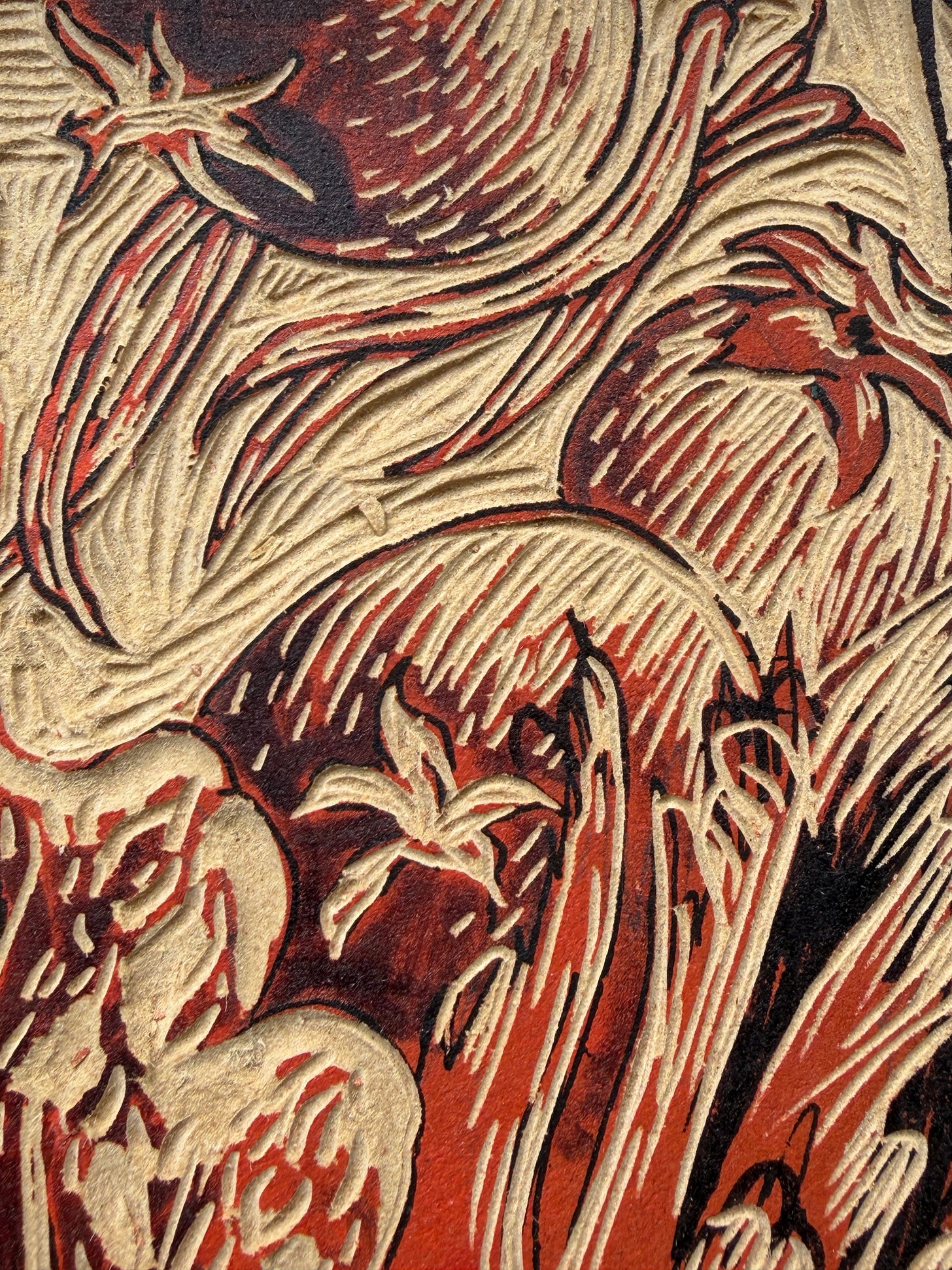 close up of my carved block with a close up on the tomatos and greenbeans with carved texture and line work close up of my carved block with a close up on the tomatos and greenbeans with carved texture and line work