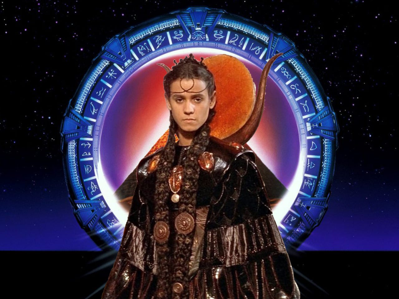 Ra, the sun god, from Stargate (1994), dressed up in ancient-yet-futuristic “Egyptian” royal armor with a golden circle behind his head, set against the movie poster background of a portal and Egyptian pyramids.