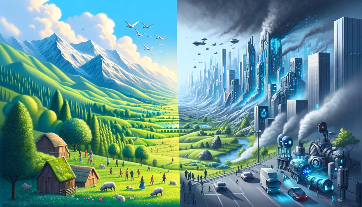 showcasing a stark contrast with literal green pastures on the positive side to make the vision of a peaceful and sustainable future unmistakably clear. This visual amplifies the dichotomy between a future dominated by unchecked AI and one where technology harmoniously supports global peace and environmental sustainability. showcasing a stark contrast with literal green pastures on the positive side to make the vision of a peaceful and sustainable future unmistakably clear. This visual amplifies the dichotomy between a future dominated by unchecked AI and one where technology harmoniously supports global peace and environmental sustainability.