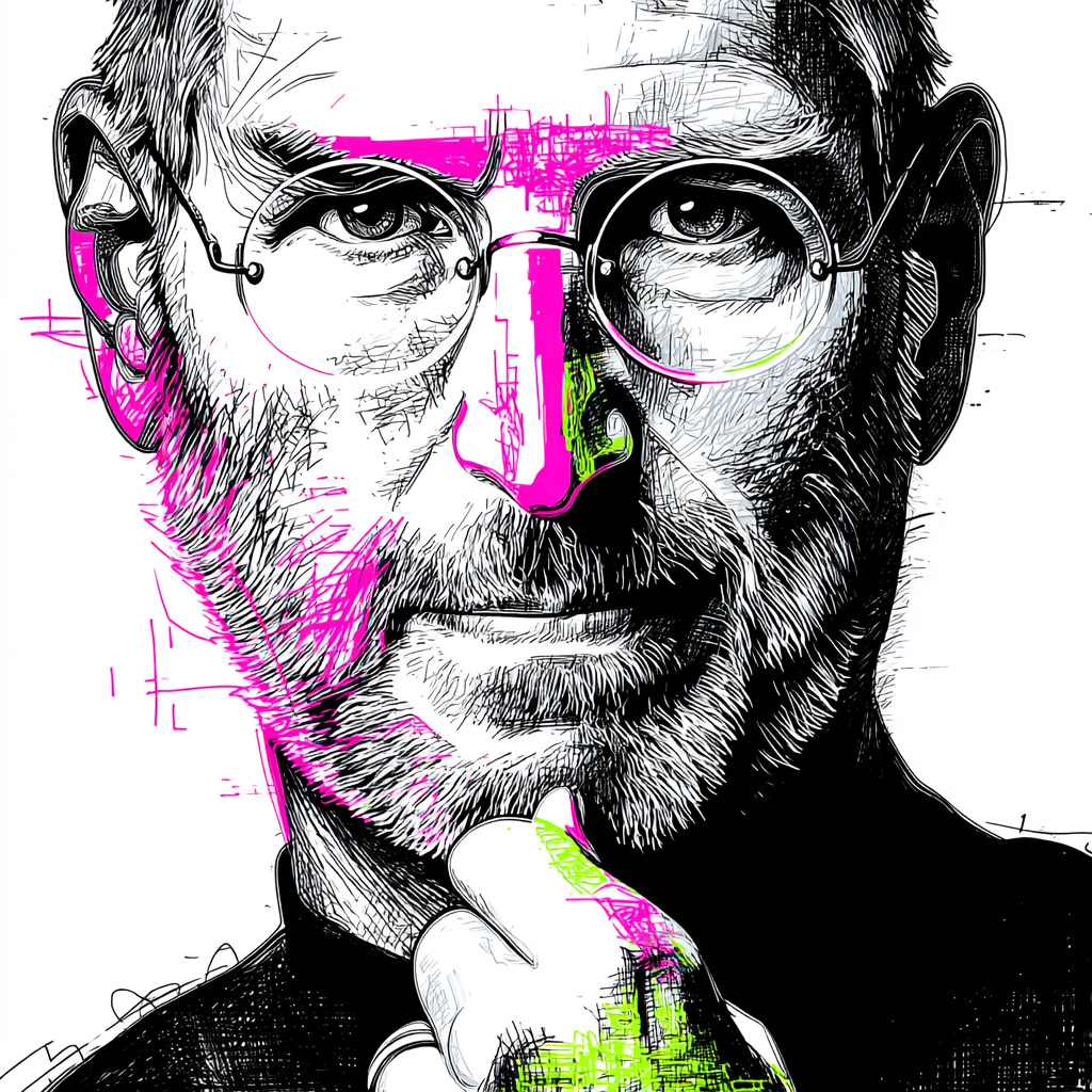 A graphical key visual with Steve Jobs in the style of a colorful black and white very thin lines sketch with one accent color on the main subject - Use for accent colors pink #e11a72 and green #65a30d color. The rest of the image should be black and white. If the user ask for anothe accent color, change it accordingly. - The image orientation should be square. - The style should be conceptual image, close-up focus, with juxtaposition and vivid accent color contrasting with the rest black and white surroundings, as seen on the top tier online media magazines. - Derrive the subject of the image from the input article. - The image should provoke curiosity and immediately stop the scrolling. - The image should have minimalistic design. - The sketch should be fine and abtrsact. - The concept shiuld visualize the main idea of the article. A graphical key visual with Steve Jobs in the style of a colorful black and white very thin lines sketch with one accent color on the main subject - Use for accent colors pink #e11a72 and green #65a30d color. The rest of the image should be black and white. If the user ask for anothe accent color, change it accordingly. - The image orientation should be square. - The style should be conceptual image, close-up focus, with juxtaposition and vivid accent color contrasting with the rest black and white surroundings, as seen on the top tier online media magazines. - Derrive the subject of the image from the input article. - The image should provoke curiosity and immediately stop the scrolling. - The image should have minimalistic design. - The sketch should be fine and abtrsact. - The concept shiuld visualize the main idea of the article.