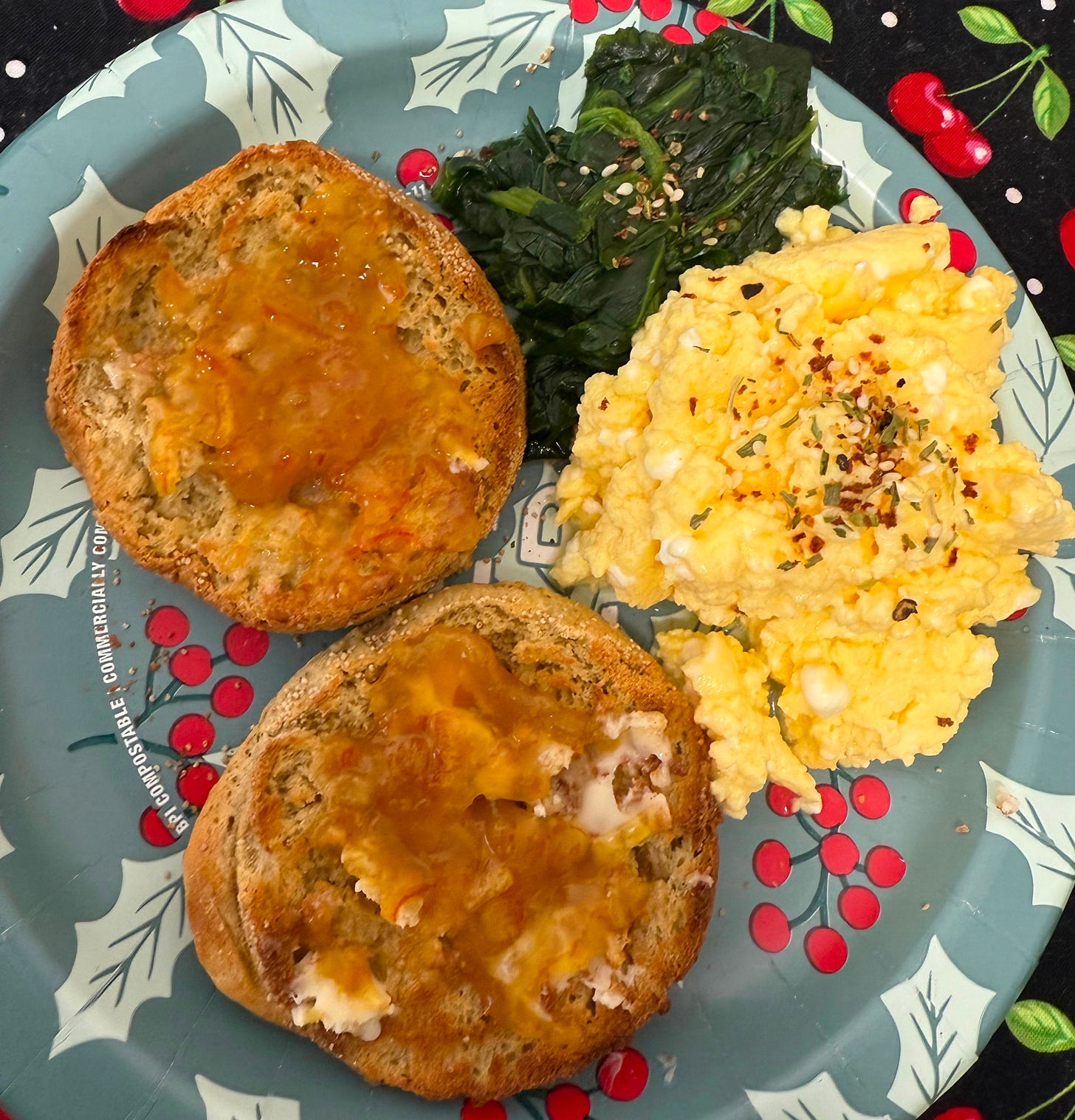 scrambled eggs, spinach, english muffin scrambled eggs, spinach, english muffin